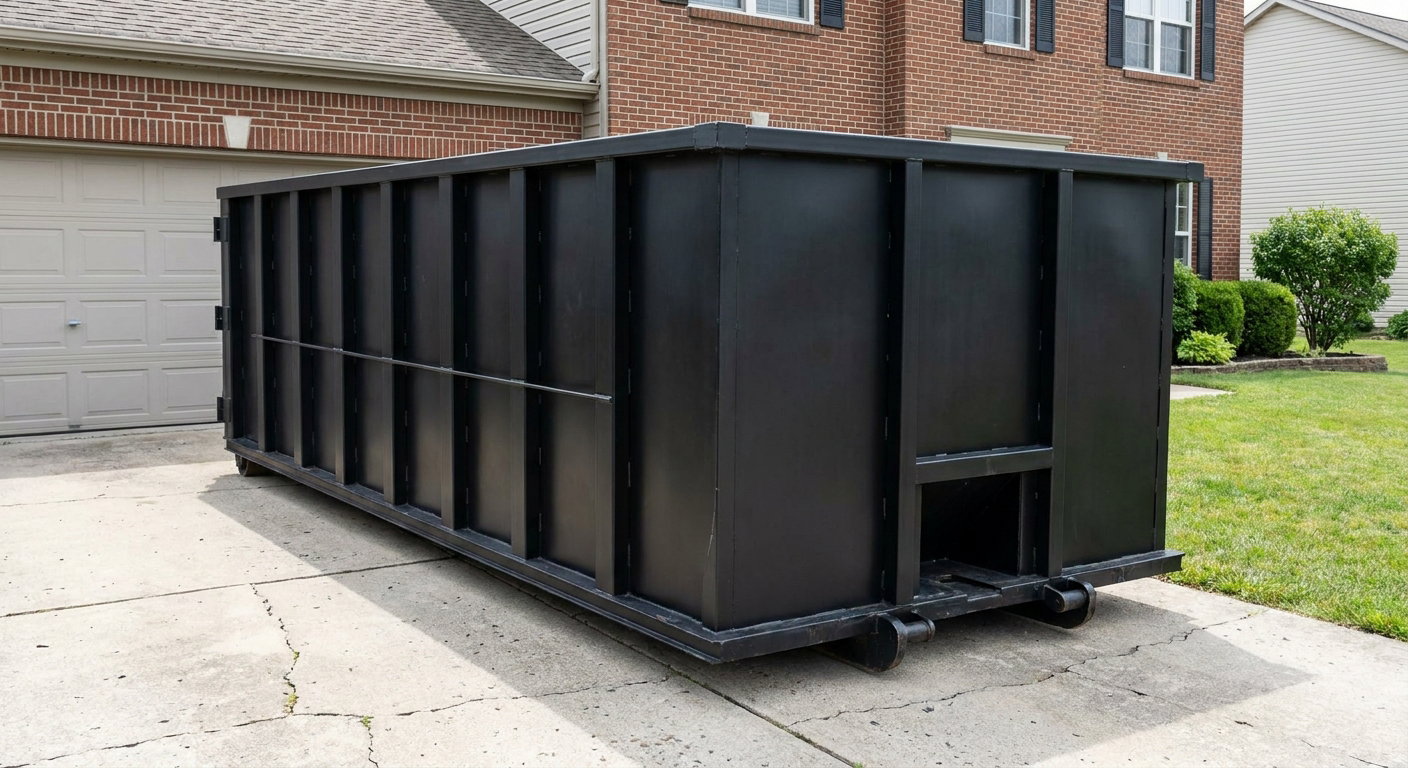 Matte-black 20-yard roll-off container on a Cottondale residential concrete driveway with reinforced ribbed steel sidewalls and a hinged rear walk-in door, clean bright daylight.