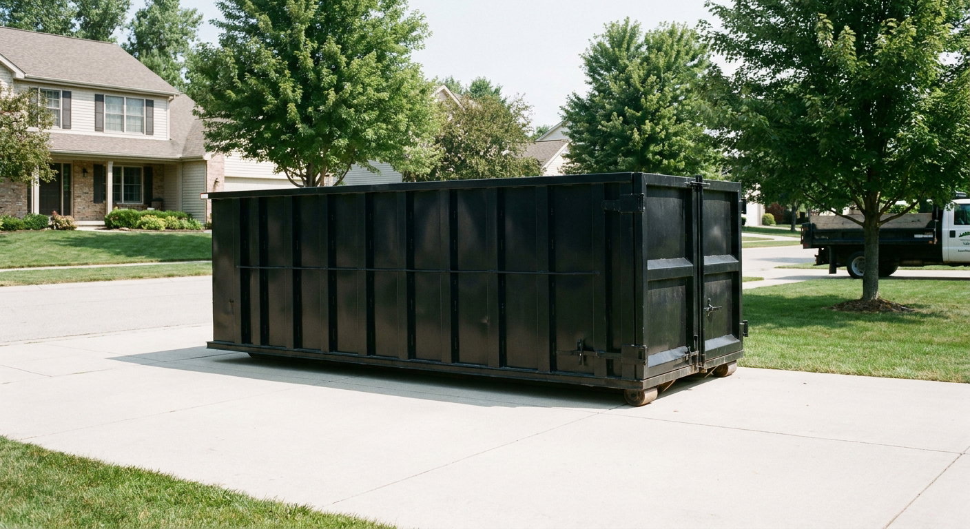 Matte-black 20-yard roll-off dumpster sitting level on a clean Cottondale residential concrete driveway under bright daylight, demonstrating clean placement directly on the concrete.